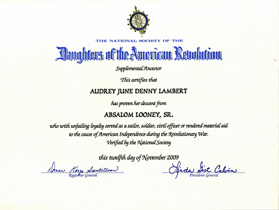Absalom Looney Sr. NSDAR Certificate