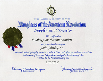 John Shirley Sr. NSDAR Certificate