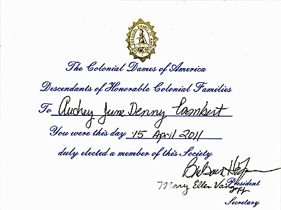 William Kinchen Colonial Dames of America Certificate