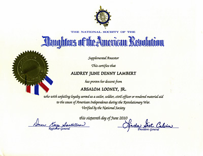 Absalom Looney Jr. NSDAR Certificate