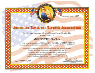 Audra Denny American Rosie the Riveter Association Certificate