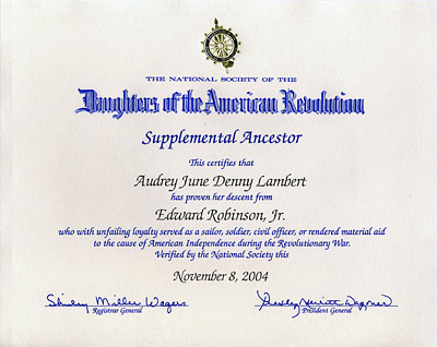 Edward Robinson Jr. NSDAR Certificate