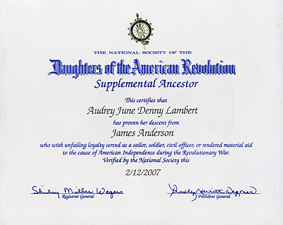 James Anderson NSDAR Certificate