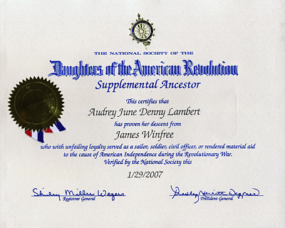 James Winfree NSDAR Certificate