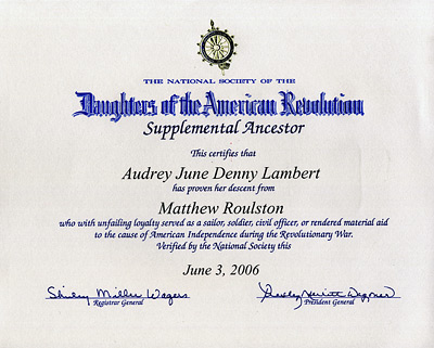 Matthew Roulston NSDAR Certificate