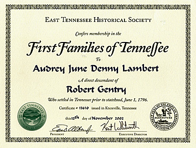 Robert Gentry First Families of Tennessee Certificate