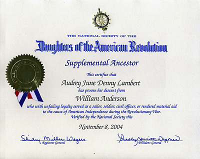 William Anderson NSDAR Certificate