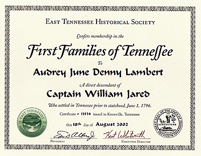 William Jared First Families of Tennessee Certificate